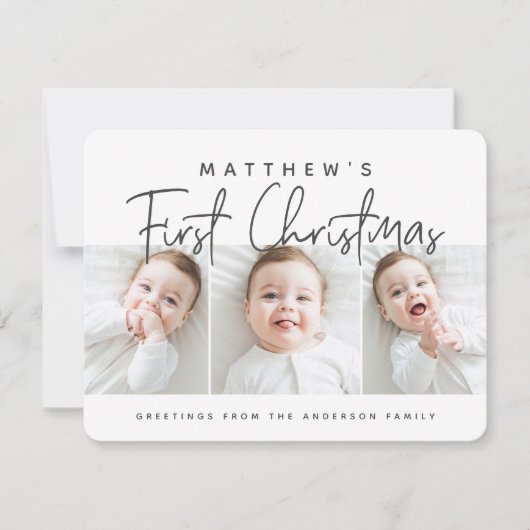 Eenvoudige drie foto's voor baby's eerste kerstmis feestdagenkaart (Voorkant)