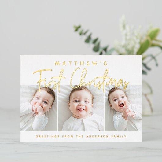 Eenvoudige drie foto's voor baby's eerste kerstmis folie feestdagenkaart (Staand Voorkant)