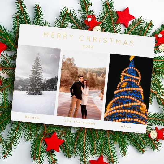 Eenvoudige drie foto's voor kerstmis folie feestdagenkaart