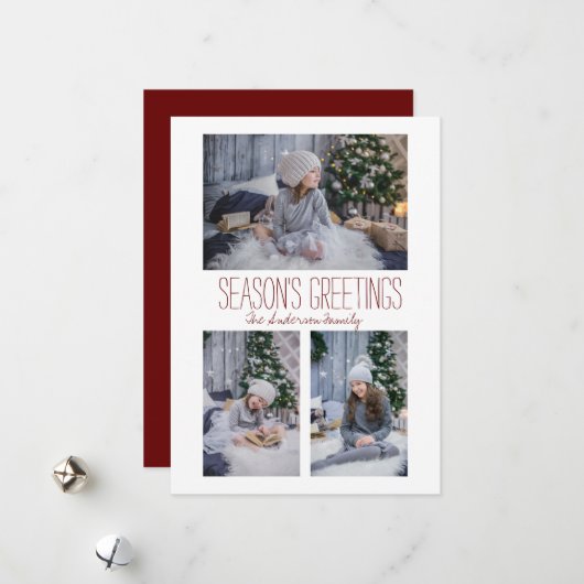 Eenvoudige drie-fotoserie feestdagenkaart (Voorkant / Achterkant in situ)