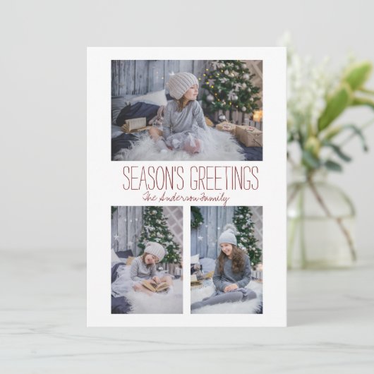 Eenvoudige drie-fotoserie feestdagenkaart (Staand voorkant)
