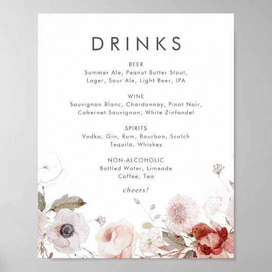 Eenvoudige Drinken in het menu Symbool Floral Wedd Poster (Voorkant)