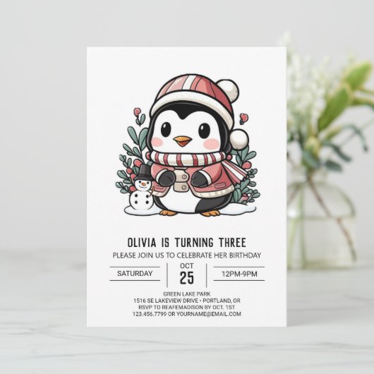 Eenvoudige Dromerige Pinguïn Digitale Verjaardag Kaart (Staand voorkant)