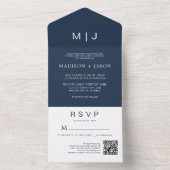 Eenvoudige Duidelijke Marineblauw Monogram QR Code All In One Uitnodiging (Binnen)