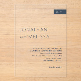 Eenvoudige Dunne Marine Blauwe Typografie Monogram Acryl Uitnodigingen