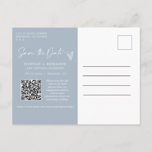 Eenvoudige Dusty Blue Boho Save the Date QR Code F Briefkaart (Achterkant)
