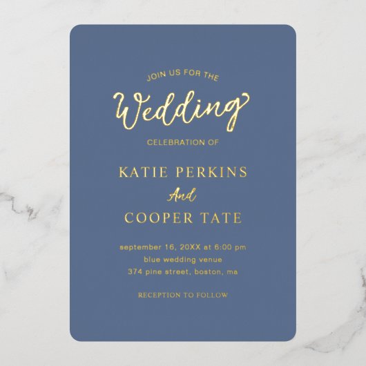 Eenvoudige Dusty Blue Bold Fonts Modern Wedding Folie Uitnodiging (Voorkant)