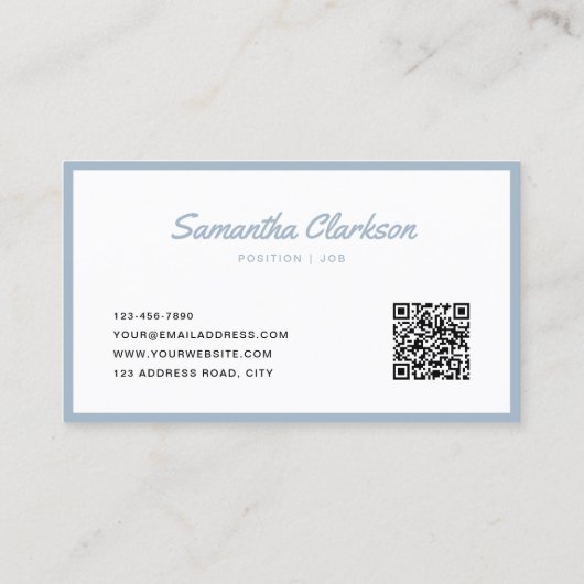 Eenvoudige Dusty Blue Cursive Script Border QR-cod Visitekaartje (Achterkant)