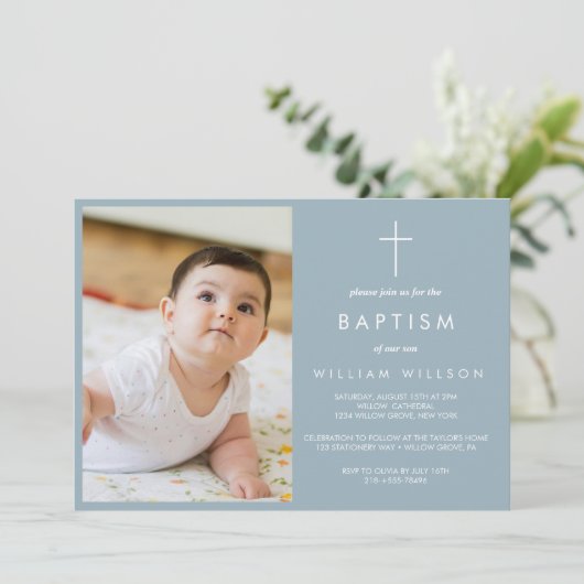 Eenvoudige Dusty Blue doopfoto Kaart (Staand voorkant)
