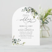 Eenvoudige Dusty Blue Eucalyptus Greenery Arch Wed Kaart (Staand voorkant)