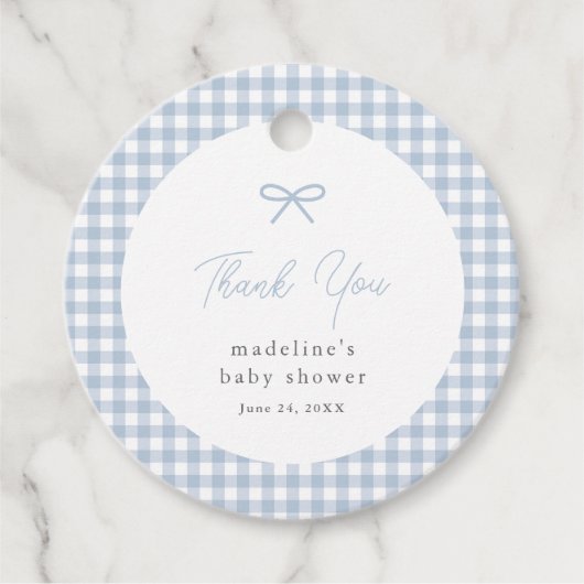 Eenvoudige Dusty Blue Gingham Boys Baby shower gun Bedankjes Labels (Voorkant)