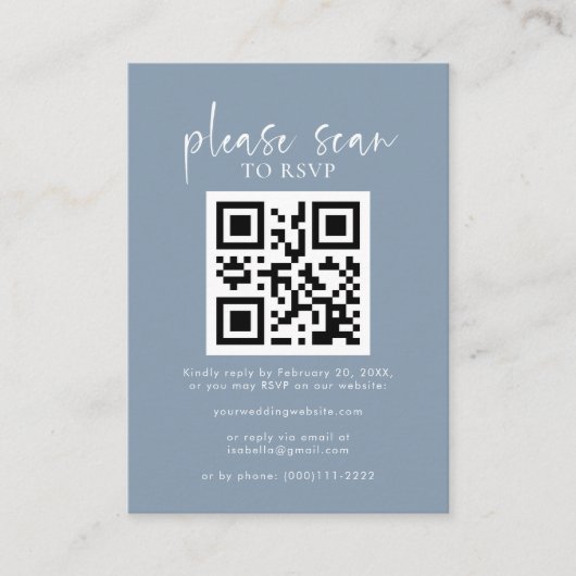 Eenvoudige Dusty Blue Minimalist QR Code Weddensch Informatiekaartje (Voorkant)