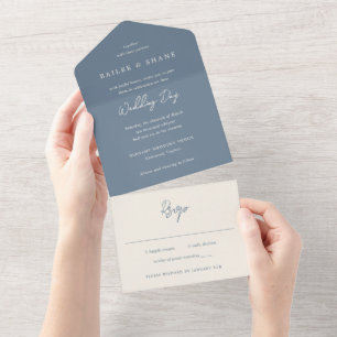 Eenvoudige Dusty Blue Modern Wedding All In One Uitnodiging