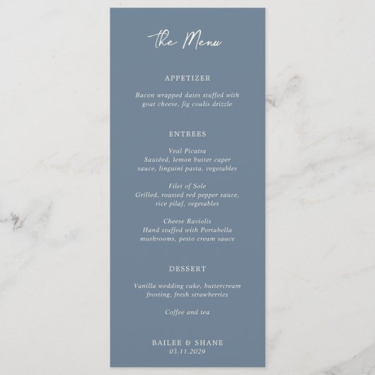 Eenvoudige Dusty Blue Modern Wedding Menu (Voorkant)