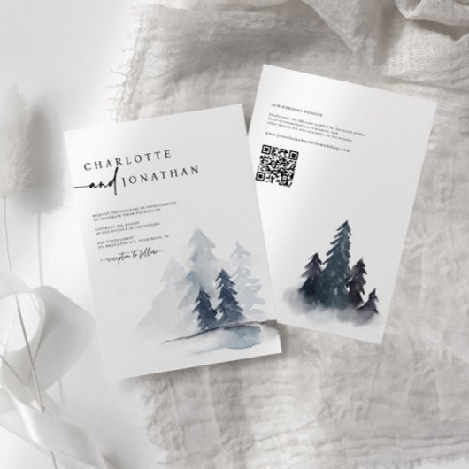 Eenvoudige Dusty Blue Mountain QR Code Weddenschap Kaart