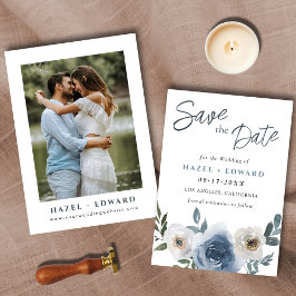 Eenvoudige Dusty Blue Photo Wedding Save the Date
