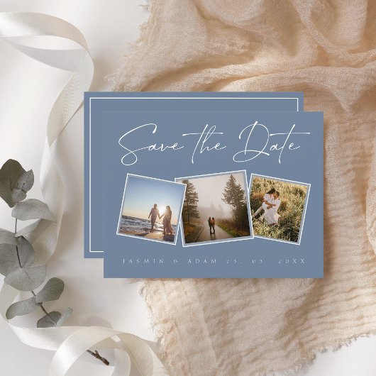 Eenvoudige Dusty Blue Photo Wedding Save the Date Aankondigingskaart