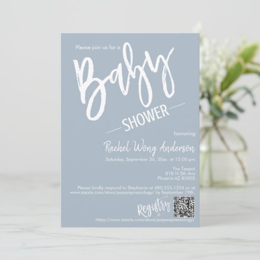 Eenvoudige Dusty Blue Script Baby shower QR Code F Kaart (Staand voorkant)
