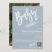 Eenvoudige Dusty Blue Script Baby shower QR Code F Kaart (Voorkant / Achterkant)