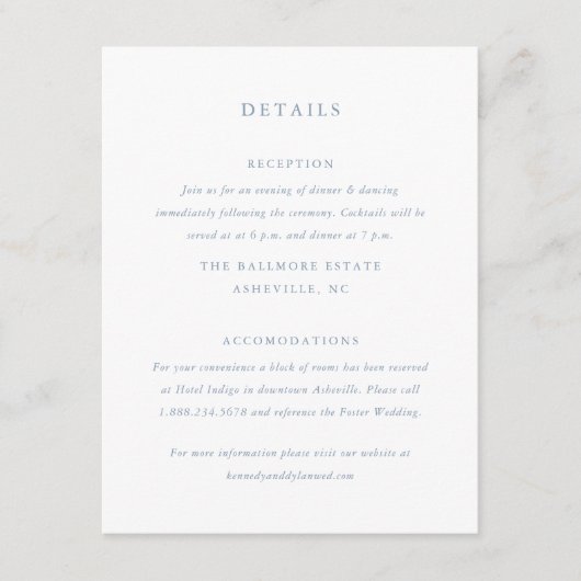 Eenvoudige Dusty Blue Wedding Details Informatiekaartje (Voorkant)