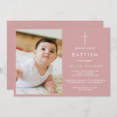 Eenvoudige Dusty roze doopfoto Kaart (Voorkant / Achterkant)