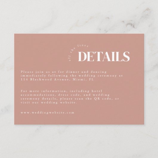 Eenvoudige Dusty Roze & Wit bruiloft Details Informatiekaartje (Voorkant)