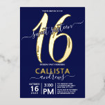 Eenvoudige echte goudmarine Blue Sweet 16-dag Folie Uitnodiging<br><div class="desc">Deze eenvoudige, elegante, lieflijke uitnodiging van zestien verjaardagsfeestjes is perfect voor de speciale dag van je dochter. Het kenmerkt een echte gouden folie, "16, "en de naam van uw dochter naast de typografie van het overeenkomstenmanuscript bovenop een marine blauwe achtergrond. Het is knap, minimaal, , uniek en cool. ***BELANGRIJKE NOTA...</div>