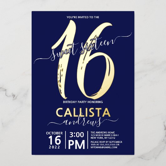 Eenvoudige echte goudmarine Blue Sweet 16-dag Folie Uitnodiging (Voorkant)