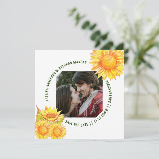 Eenvoudige Één Foto Rustieke Zonnebloem QR CODE We Save The Date (Staand voorkant)