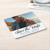 Eenvoudige één-fotobruiloft bespaart de datummarin kartonnen onderzetters (Schuin)