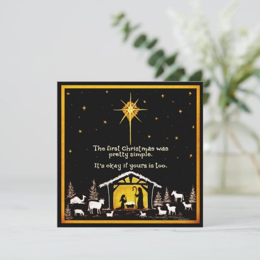 Eenvoudige eerste kerst Eenvoudige krib Inspiratie Feestdagenkaart (Staand voorkant)