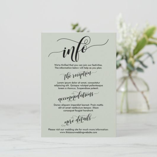 Eenvoudige Elaborating Script Wedding Info Sage Gr Informatiekaartje (Staand voorkant)