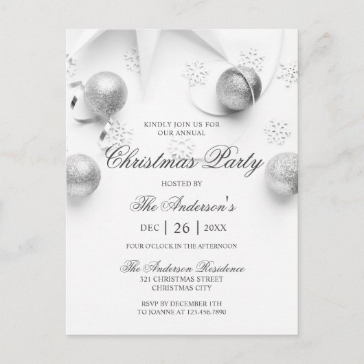 Eenvoudige Elagant White en Silver Kerstparty Uitnodiging Briefkaart (Voorkant)