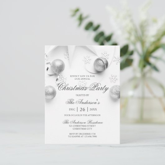 Eenvoudige Elagant White en Silver Kerstparty Uitnodiging Briefkaart (Staand voorkant)