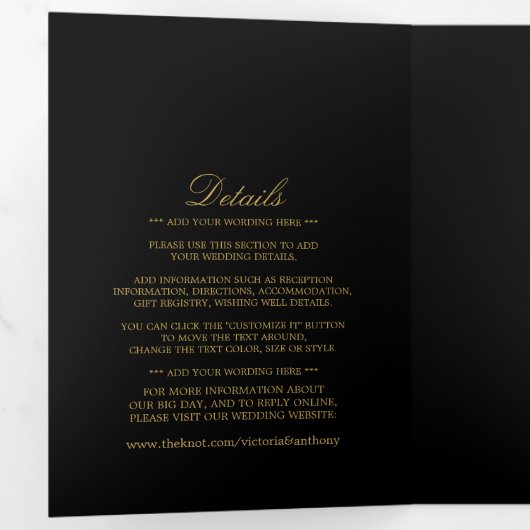Eenvoudige Elegance Zwart & Goud Trouwsuite Drieluik Uitnodiging (Binnenzijde eerst)