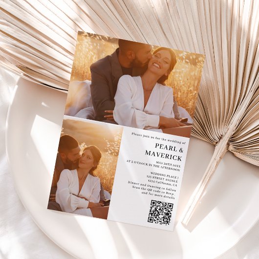 Eenvoudige elegant 3 foto qr code zwarte witte bru kaart