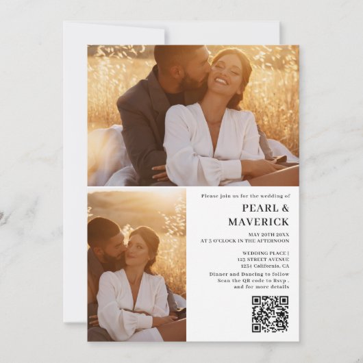 Eenvoudige elegant 3 foto qr code zwarte witte bru kaart (Voorkant)