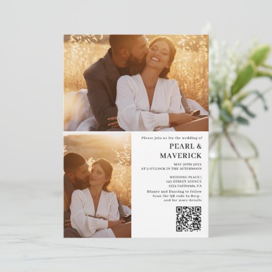 Eenvoudige elegant 3 foto qr code zwarte witte bru kaart (Staand voorkant)