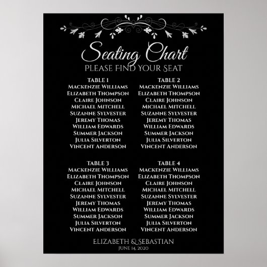 Eenvoudige Elegant Black 4 Table Wedding Seating C Poster (Voorkant)