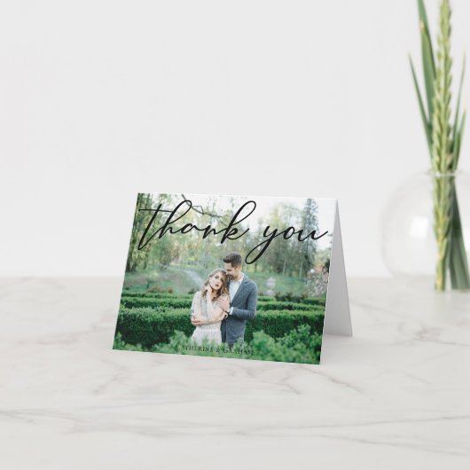 Eenvoudige Elegant Black Script Modern 3 Weddenfot Bedankkaart (Voorkant)