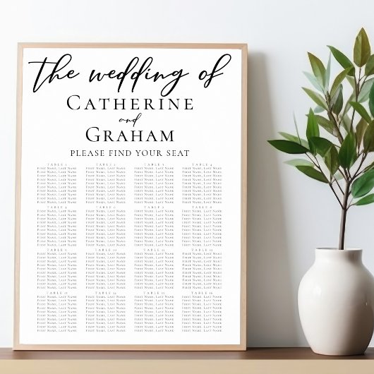Eenvoudige Elegant Black Script Wedding Seating Ch Poster