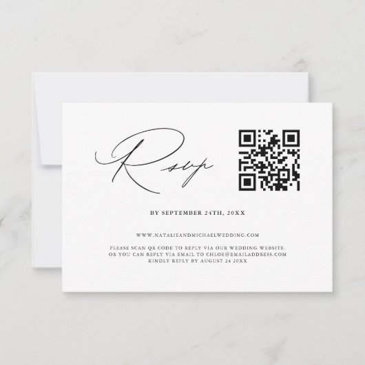Eenvoudige Elegant Black & White QR Code Weddensch RSVP Kaartje (Voorkant)