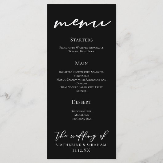 Eenvoudige Elegant Black White Typography Wedding Menu (Voorkant)