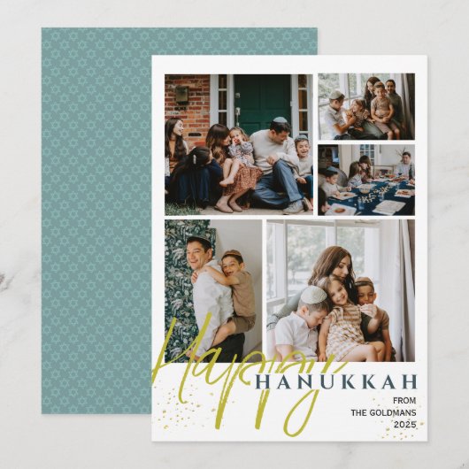 Eenvoudige Elegant Blauw Happy Chanoeka foto Colla Feestdagenkaart (Voorkant / Achterkant)