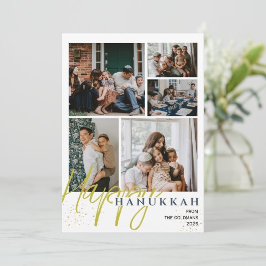 Eenvoudige Elegant Blauw Happy Chanoeka foto Colla Feestdagenkaart (Staand voorkant)