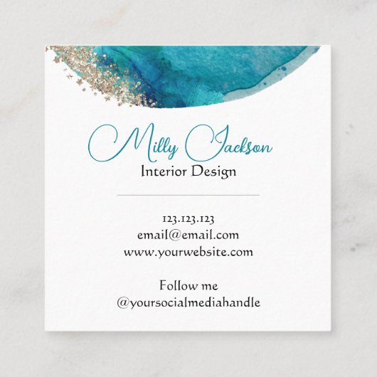 Eenvoudige Elegant Blauwgroen Gold Waterverf - Aan Vierkante Visitekaartje (Achterkant)