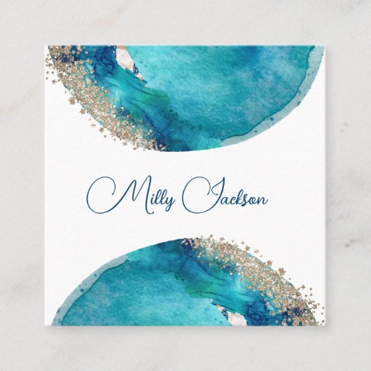 Eenvoudige Elegant Blauwgroen Gold Waterverf - Aan Vierkante Visitekaartje (Voorkant)