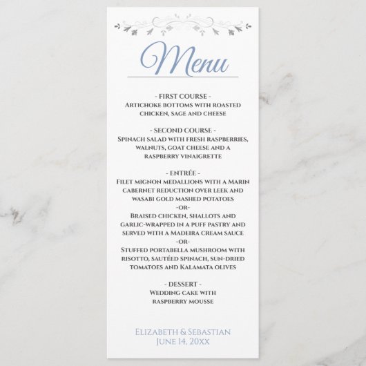 Eenvoudige Elegant Blue & Silver Lacy Filigree Wed Menu (Voorkant)