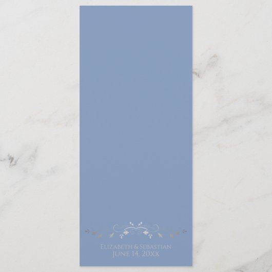 Eenvoudige Elegant Blue & Silver Lacy Filigree Wed Menu (Achterkant)