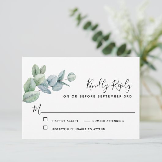 Eenvoudige Elegant Boho Eucalyptus Greenery RSVP Kaartje (Staand voorkant)